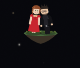 The two characters together on a tiny island beneath the stars in the real game