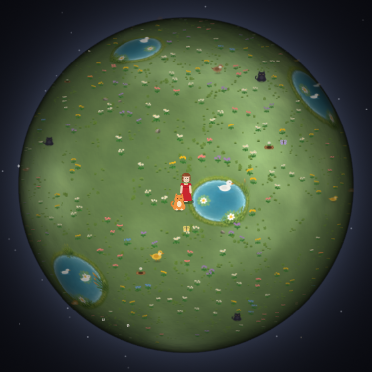 The same planet, now alive with flowers, animals and water